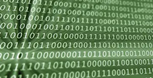 Digital Information Security Prints: Colorful digital binary data digits and streaming binary code background with light beams