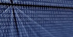 Binary Code Background Prints: Colorful digital binary data digits and streaming binary code background with light beams