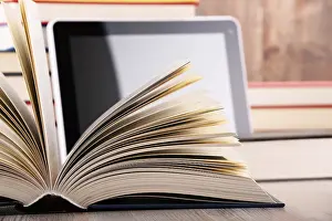 Book Page Composition Prints: Composition with books and tablet computer on the table