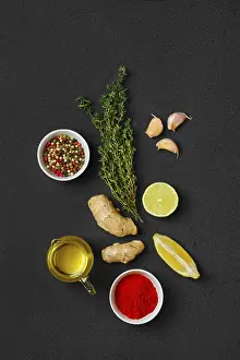 Black Background Composition Prints: Composition with condiments on black background
