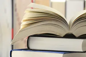 Deserted Library Prints: Composition with stack of books on the table