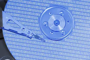 Compact Disc Technology Prints: Computer hard disk drive with read-write head on the disk