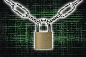 Secure Data Protection Prints: Digital binary code, lock and chain Coloured background with structures and copy space for the design