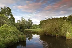 Blurred Motion Photography Prints: Dramatic sunset over river between trees
