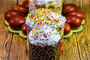Traditional Easter Decorations Prints: Easter cake and painted red Easter eggs
