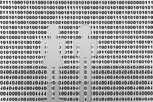 Digital Composing Symbol Prints: Two figures in front of binary code