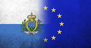 Prints of Flag of the European Union with San Marino National flag. Grunge background San Marino Prints: Grunge EU Flag Print with San Marino National Colors