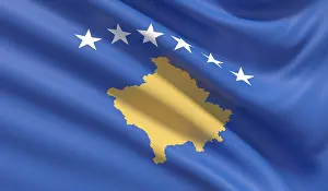 Prints of Flag of Kosovo. Waved highly detailed fabric texture Kosovo Prints: Flag of Kosovo Print - Waved Fabric Texture