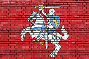 Prints of Flag of Lithuania state painted on brick wall Lithuania Prints: Flag of Lithuania State Print on Brick Wall