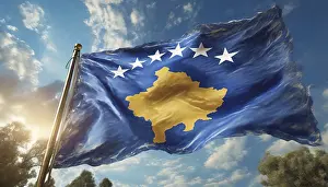 Prints of Flags, the national flag of Kosovo flutters in the wind Kosovo Prints: Kosovo National Flag Print