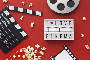 Red Background Concept Image Prints: Flat lay cinema elements red background