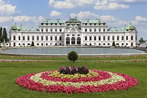 Prints of Flower rosette in front, Upper Belvedere in the back, view from the courtyard, Belvedere Palace, former summer residence of Prince Eugene of Savoy, built 1712 to 1723 by Johann Lucas von Hildebrandt Palace Prints: Print of Belvedere Palace, Vienna, Austria