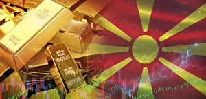 Prints of Gold bars stacked on Macedonian flag. North Macedonia gold reserves, Concept North Macedonia Prints: North Macedonia Gold Reserves Print