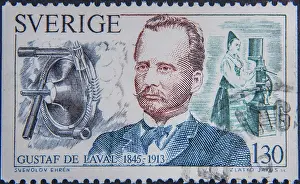 Prints of Gustaf de Laval, (1845-1913) was a Swedish civil engineer, doctor of philosophy, inventor and industrialist. Portrait on a Swedish postage stamp Industrialist Prints: Gustaf de Laval Print on Swedish Postage Stamp