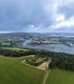 Prints of Hawkins Battery Fort over River Tamar from a drone, Cremyll, Plymouth, Devon, England, United Kingdom Plymouth Prints: Hawkins Battery Fort over River Tamar Print, Devon, England