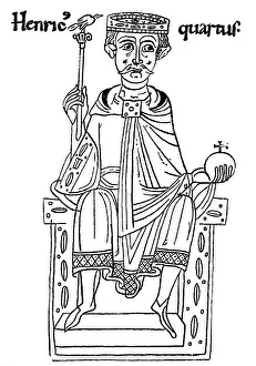 Henry IV on the throne with crown, scepter and orb, woodcut print