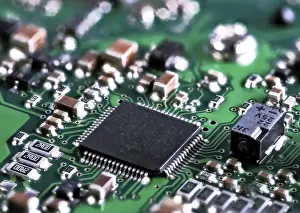 Computer Motherboard Prints: Integrated circuit with a processor chip on computer mainboard