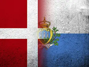 Prints of The Kingdom of Denmark National flag with The Republic of San Marino National flag. Grunge Background San Marino Prints: Denmark and San Marino National Flags Print with Grunge Background