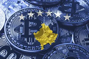 Prints of Kosovo bitcoin flag, national flag cryptocurrency concept black background Kosovo Prints: Kosovo Bitcoin Flag Print on Black Background