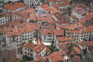 Prints of Kotor, Montenegro - April 2018 : View of the red tiled houses roofs of Kotor Old town Montenegro Prints: Kotor Old Town Red Tiled Roof Print