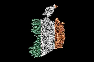 Map Prints: Map of Ireland Print, Polygonal Mesh Line Map with Flag