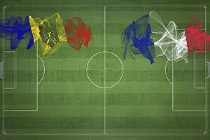 Prints of Moldova vs France Soccer Match, national colors, national flags, soccer field, football game, Competition concept, Copy space Moldova Prints: Moldova vs France Soccer Match Print