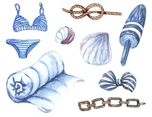 Watercolor Illustrations Prints: Nautical set of different elements