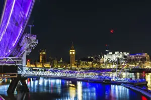 Prints of Night in London, London Eye and Big Ben over River Thames, Palace of Westminster, London, England, United Kingdom Westminster Prints: Night in London Print - River Thames and Big Ben