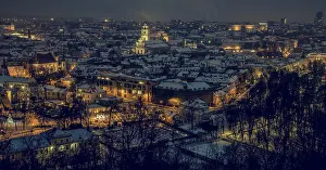 Prints of Night panorama of the Vilnius Old Town from the Hill of Three Crosses. Vilnius winter aerial panorama of Old town. Aerial panorama of the Vilnius Old Town at dusk time. Vilnius old town panorama Lithuania Prints: Vilnius Old Town Night Panorama Print