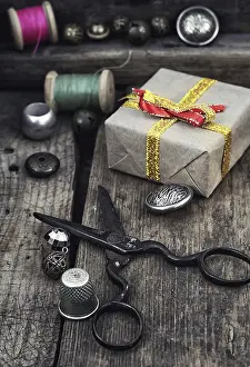 Old Scissors Prints: Old scissors, spools of thread