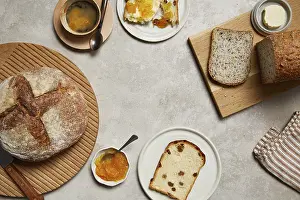 Rustic Country Breakfast Prints: Overhead view of a breakfast setting featuring rustic bread