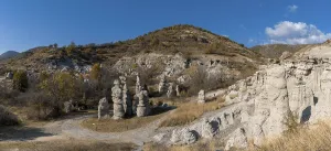 Prints of Panorama view of the Stone Dolls rock formations near Kratovo in North Macedonia North Macedonia Prints: Panorama Print of Stone Dolls Rock Formations near Kratovo, North Macedonia