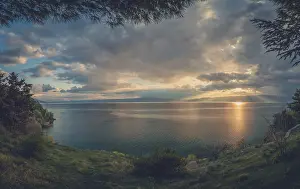 Prints of Panoramic view of a sunset over stunningly beautiful Lake Ohrid, Republic of Macedonia Macedonia Prints: Panoramic Sunset Print over Lake Ohrid, Republic of Macedonia