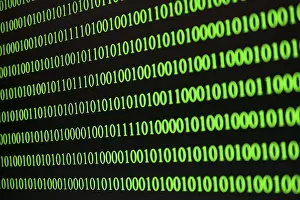 Black Background Design Prints: Parallel green binary code lines on a black background