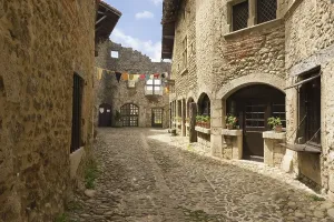 Deserted Medieval Town Prints: Cobblestone street, medieval walled town of Perouges