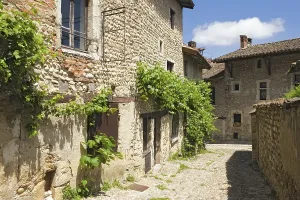 Uninhabited Medieval Fortress Prints: Cobblestone street, medieval walled town of Perouges