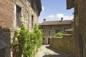 Uninhabited Medieval Fortress Prints: Cobblestone street, medieval walled town of Perouges