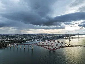Forth Bridge Scotland Prints: Rain clouds over Forth Bridge from a drone