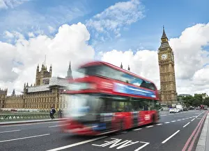 London River Thames Scene Prints: Red double-decker bus on the Westminster Bridge