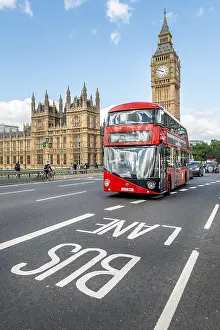 Prints of Red double-decker bus on the Westminster Bridge, Westminster Palace and Big Ben, London, England, Great Britain Westminster Prints: Red Double-Decker Bus Print, London Landmark Scene