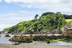 Prints of Rocks and Cliffs on Mothecombe Beach, Mothecombe, River Emme and Red Cove, Plymouth, South Devon, England, United Kingdom Plymouth Prints: Rocks and Cliffs on Mothecombe Beach Print, South Devon, England