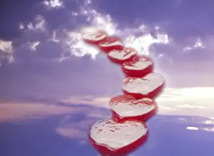 Surrealism Prints: Row of Red Hearts Flying into Clouded Sky Print