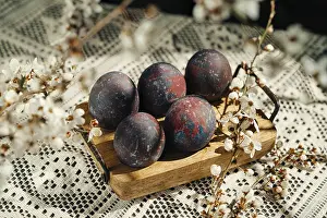 Traditional Easter Decoration Ideas Prints: A rustic composition of four uniquely painted Easter eggs