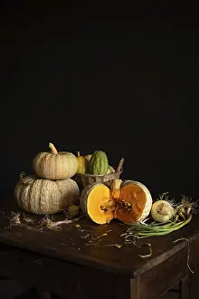 Root Vegetable Still Life Prints: A rustic still life featuring pumpkins