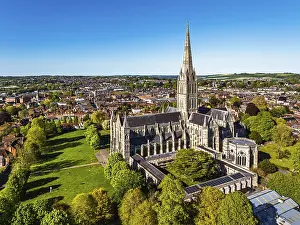 Prints of Salisbury Cathedral from a drone, Salisbury, Wiltshire, England, United Kingdom Salisbury Prints: Salisbury Cathedral Print from a Drone, England