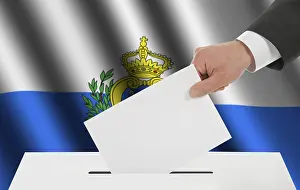 Prints of The San Marino flag and the hand with the bulletin about the ballot box San Marino Prints: The San Marino Flag and Ballot Box Print