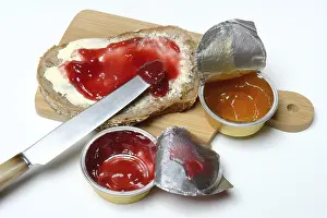 Basic Food Photography Tips Prints: Slice of bread with jam and jam in portion pack