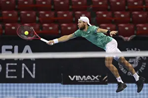 Prints of Sofia, Bulgaria - 12 November, 2020: Moldova's Radu Albot in action during his quarter-final match against France's Adrian Mannarino during the Sofia Open ATP 250 tennis tournament, Sofia Sport Prints: Sofia, Bulgaria Tennis Print - Radu Albot in Action