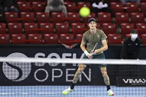 Prints of Sofia, Bulgaria - 12 November, 2020: Italy's Jannik Sinner in action during his quarter-final match against Australia's Alex de Minaur during the Sofia Open ATP 250 tennis tournament, Sofia Sport Prints: Sofia, Bulgaria Tennis Print - Jannik Sinner in Action