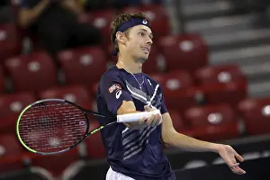Prints of Sofia, Bulgaria - 12 November, 2020: Australia's Alex de Minaur reacts during his quarter-final match against Italy's Jannik Sinner during the Sofia Open ATP 250 tennis tournament, Sofia Sport Prints: Sofia, Bulgaria Tennis Print - 12 November 2020